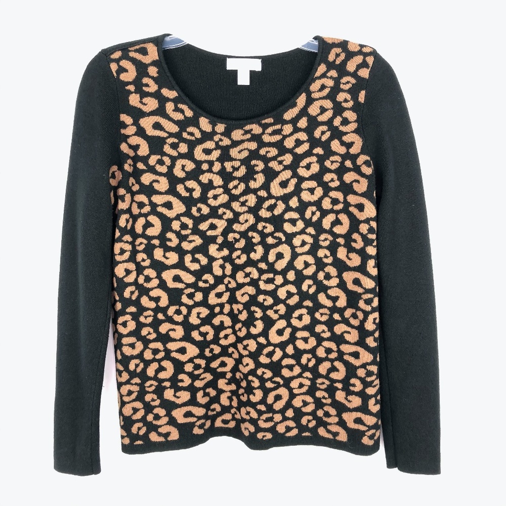 Charter Club Leopard Black Tan Crew Neck Long Sleeve Sweater Sz Petite Small PS
